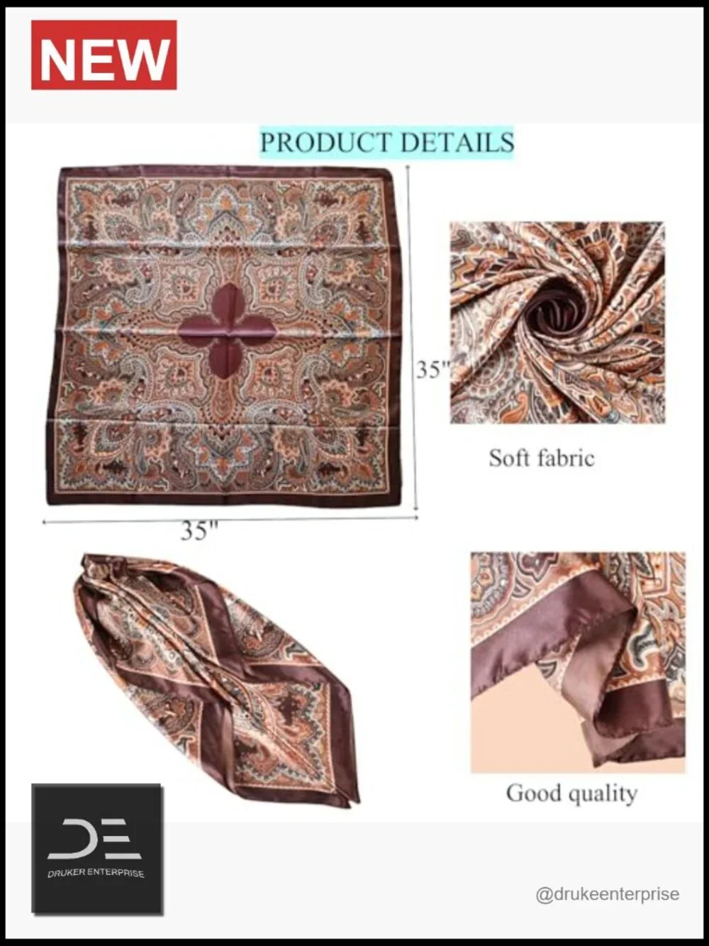 35 Inch Large Square Satin Feel Hair Scarf Head Wrap Bandana Multi Purpose